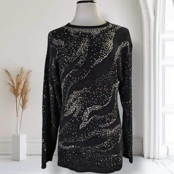 Vintage 90s IB Diffusion Beaded Flames Sweater Size M Black Silk Angora - Picture 2 of 13